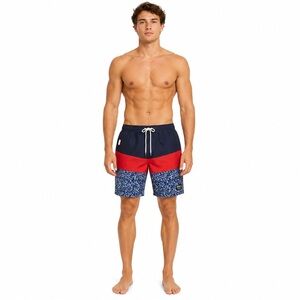 TESLA Mens Waves Surfista Rugby Navy Red Stripe Lined Swim Trunks NWOT Sz Large